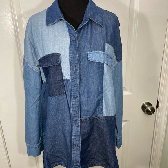 Anna Tops - Anna Patchwork Denim Button-Up Shirt Size Large CB-102